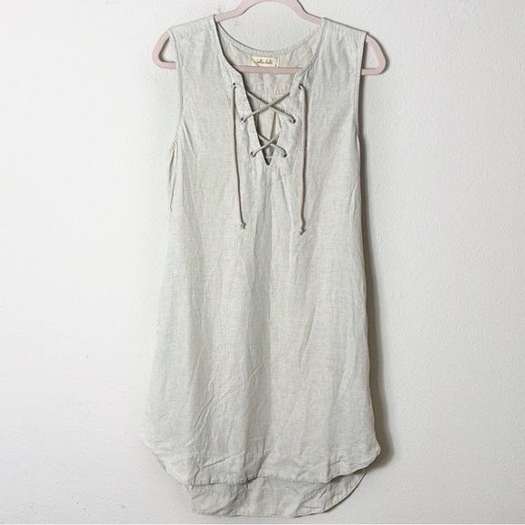 Bella Dahl Linen Tencel Blend lace up Neck Beige Dress size Small - Picture 2 of 9